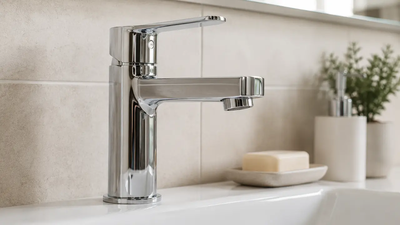 Robinet mitigeur chromé installé sur un lavabo